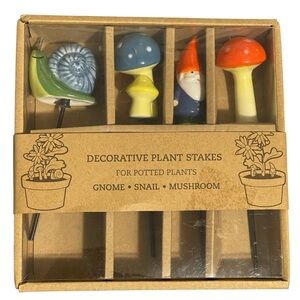 Decorative Ceramic Plant Stakes Indoor Potted Plants Gnome-Snail-Mushroom NIB